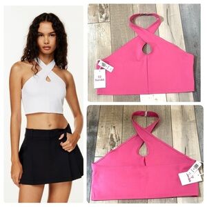 NWT Aritzia Sunday Best Amie Twisted Halter Crop Tank Top Soft Fuchsia Size 2XL
